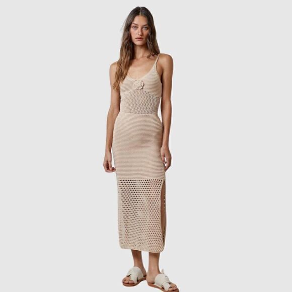 Anthropologie Beige Rosette Brown Crochet Adjustable Strap Dress - Picture 1 of 5